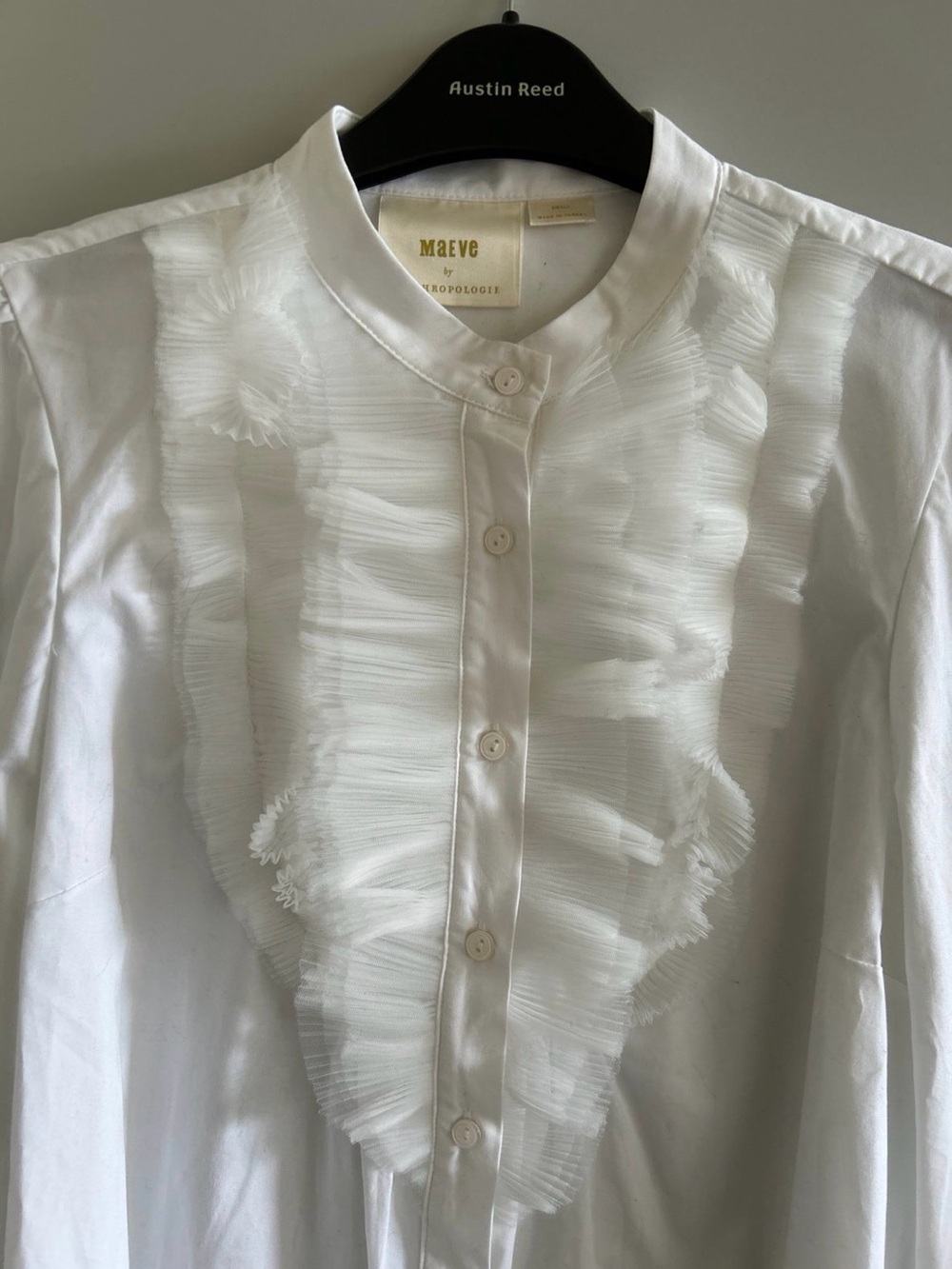 Anthropologie White Ruffle-Front Mandarin Collar Blouse